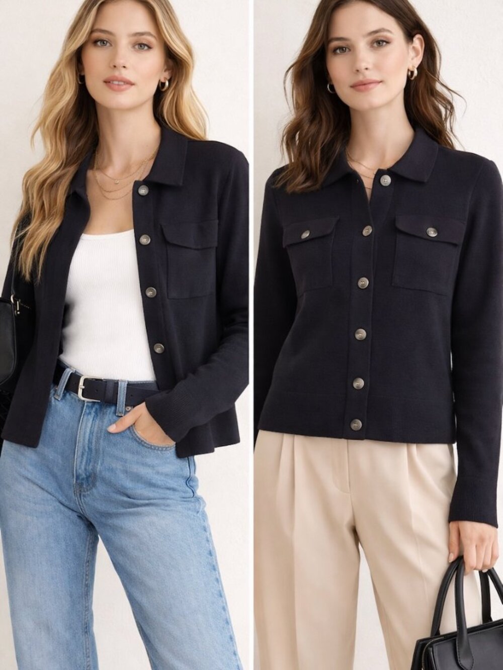 Tahari Knit Jacket Large Black Button Front Pockets Minimalist Chic Quiet Luxury